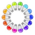 Creative Idea - with circle shape of colored kaleidoscope of rainbow colors lightbulbs - top view.