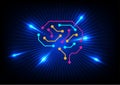 Creative and idea concept. Circuit brain with light rays on blue background. Artificial intelligence. Mechanism teamwork engineer Royalty Free Stock Photo