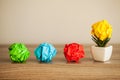 Creative idea concept.Inspiration, New idea and Innovation concept with Crumpled Paper on wood background Royalty Free Stock Photo