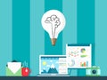 Creative idea concept vector illustration. Content creator workspace setup in flat style, light bulb as symbol of