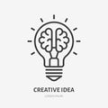 Creative idea flat line icon. Brain in lightbulb vector illustration. Thin sign of innovation, solution, education logo Royalty Free Stock Photo