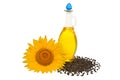 Creative idea flower of a sunflower, seeds and oil glass bottle Royalty Free Stock Photo