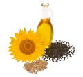Creative idea flower of a sunflower, seeds and oil glass bottle Royalty Free Stock Photo