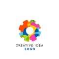 Creative idea geometric logo template with abstract colorful gear. Thinking cogwheel mechanism concept. Vector isolated Royalty Free Stock Photo