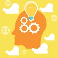 Creative idea, human head with a light bulb and gears. Vector illustration. Royalty Free Stock Photo