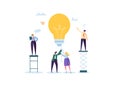 Creative Idea, Imagination, Innovation Concept with Light Bulb. Business People Characters Working Together on Project Royalty Free Stock Photo