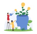 Creative idea and innovation development, tiny people grow bright bulbs inside human head Royalty Free Stock Photo