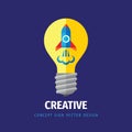 Creative Idea Inspiration and startup concept illustration. Rocket in lightbulb lamp - vector illustration in flat style design. Royalty Free Stock Photo