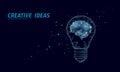 Creative idea light bulb night star sky. Low poly polygonal business brainstorm startup dark blue space modern geometric