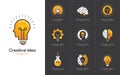 Creative idea logo set with human head, brain, light bulb. Royalty Free Stock Photo