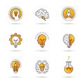 Creative idea logo set with human head, brain, light bulb. Royalty Free Stock Photo