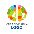 Creative idea logo template with abstract colorful flat brain top view. Education business or developing center label