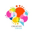 Creative idea logo template with abstract colorful speech bubble. Educational business, development center label. Power