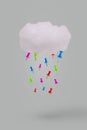 Creative idea made with cloud and push pins as rain isolated against gray background