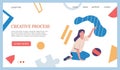 Creative idea process. Web banner. Landing page template. Woman on abstract geometric background. Creativity website