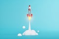 creative idea, a rocket takes off on a blue background, cover, picture for a hat. 3D illustration, 3D render