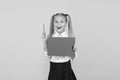 Creative idea. School girl show poster. Presentation poster copy space. Child presenting own project. Explain main point Royalty Free Stock Photo