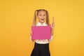 Creative idea. School girl show poster. Presentation poster copy space. Child presenting own project. Explain main point Royalty Free Stock Photo