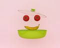 Creative idea smile made of tomatos and banana floating on pink color background with opening cooking pot. minimal food idea. An i Royalty Free Stock Photo