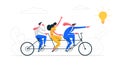 Creative Idea Teamwork Concept. Business Team Riding Tandem Bicycle. Businessman and Businesswoman Characters on Bike