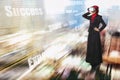 Creative ideas concept, successful young muslimah businesswomen wearing virtual reality headset over abstract double exposure bac