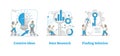 Creative ides, data research and finding solution outline spot illustrations set