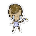 distressed sticker of a cartoon crying girl pointing ray gun Royalty Free Stock Photo