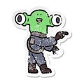 distressed sticker of a friendly cartoon alien pointing