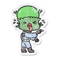 distressed sticker of a weird cartoon alien pointing