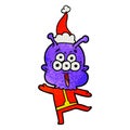 happy textured cartoon of a alien dancing wearing santa hat