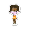 retro distressed sticker of a cartoon woman raising arms in air