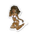 retro distressed sticker of a cartoon woman in underwear looking thoughtful