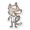 sticker of a cartoon saleman wolf laughing