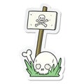 sticker of a cartoon skull bones and warning sign