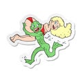 sticker of a cartoon swamp monster carrying girl in bikini