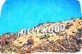 Creative illustration with artistic watercolor design - Hollywood sign in Los Angeles