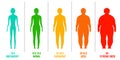 Creative illustration of bmi, body mass index infographic chart with silhouettes and scale isolated on background. Art design Royalty Free Stock Photo