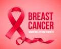 Creative illustration of breast cancer awareness campaign in october month background. Art design realistic stroke pink ribbon. Royalty Free Stock Photo