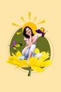 Creative illustration collage of dreamy cute lady sitting yellow daisy flower sunny weather explore garden isolated on