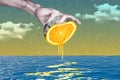 Creative illustration composite photo collage of human hand squeeze citrus orange juice in ocean water isolated on drawn Royalty Free Stock Photo