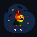 Creative illustration with cute small witch children with evil pumpkin and cartoon bat