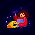 Creative illustration with cute small witch children with evil pumpkin and cartoon bat.