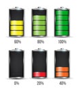 Creative illustration of 3d different charging status battery load isolated on background. Discharged power sources. Art design.