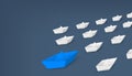 Creative illustration of 3d red paper ship leading among white isolated on background. Business leadership different boat art