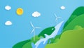 Creative illustration ecology and environment conservation concept in paper cut style. Green Eco energy system with nature Royalty Free Stock Photo