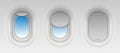 Creative illustration of flight airplane window, blank plane portholes isolated on background. Art design aircraft open and closed Royalty Free Stock Photo