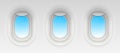 Creative illustration of flight airplane window, blank plane portholes isolated on background. Art design aircraft open and closed Royalty Free Stock Photo