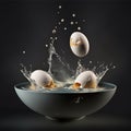 Flying eggs cracking and splattering, created by generative Ai