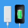 Creative illustration of full charged battery smartphone with cellphone usb plugs cable isolated on background. Art design Royalty Free Stock Photo