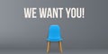 Creative illustration of we are hiring - recruiting concept, resources job employment career jobless interview, chairs isolated on Royalty Free Stock Photo